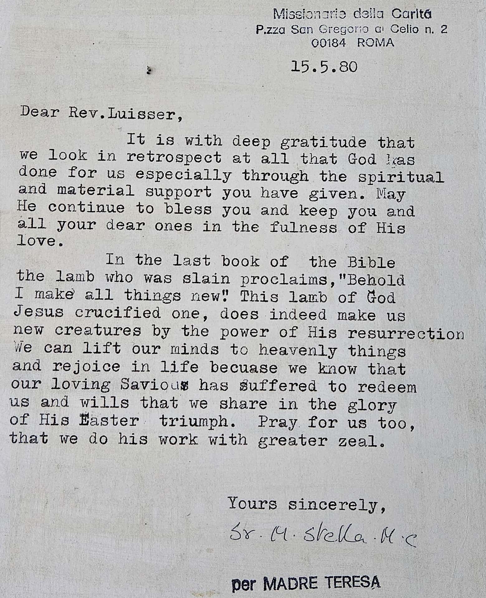 Mutter Teresa Haus Brief Geschichte