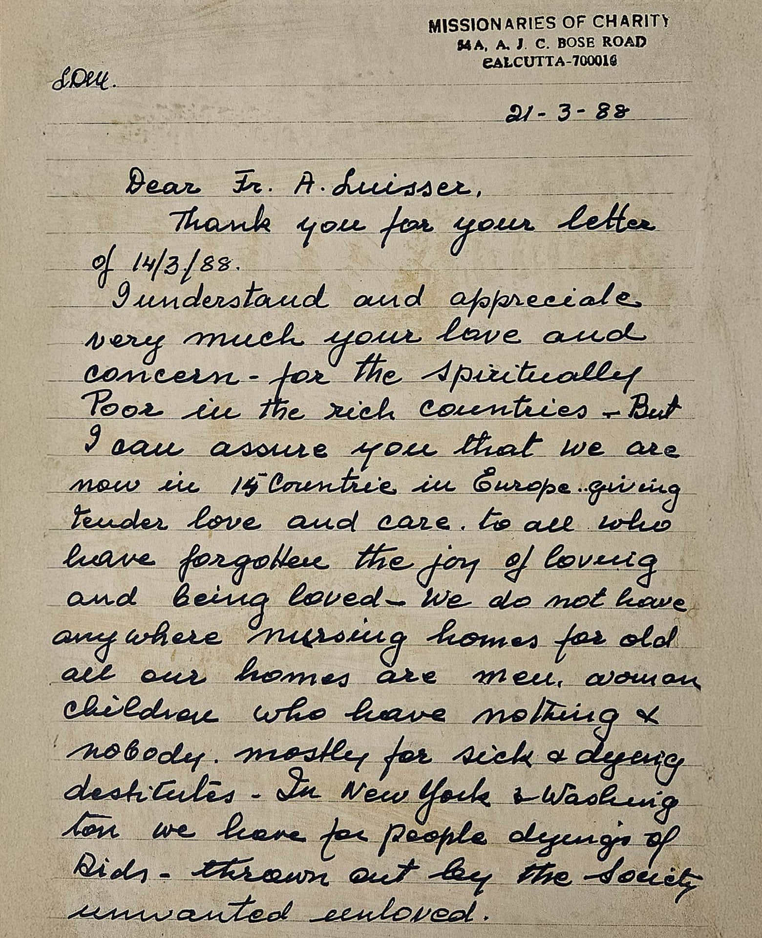 Mutter Teresa Haus Brief Geschichte