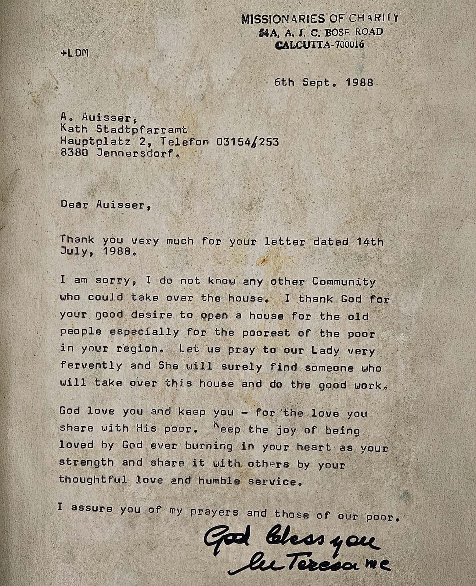 Mutter Teresa Haus Brief Geschichte