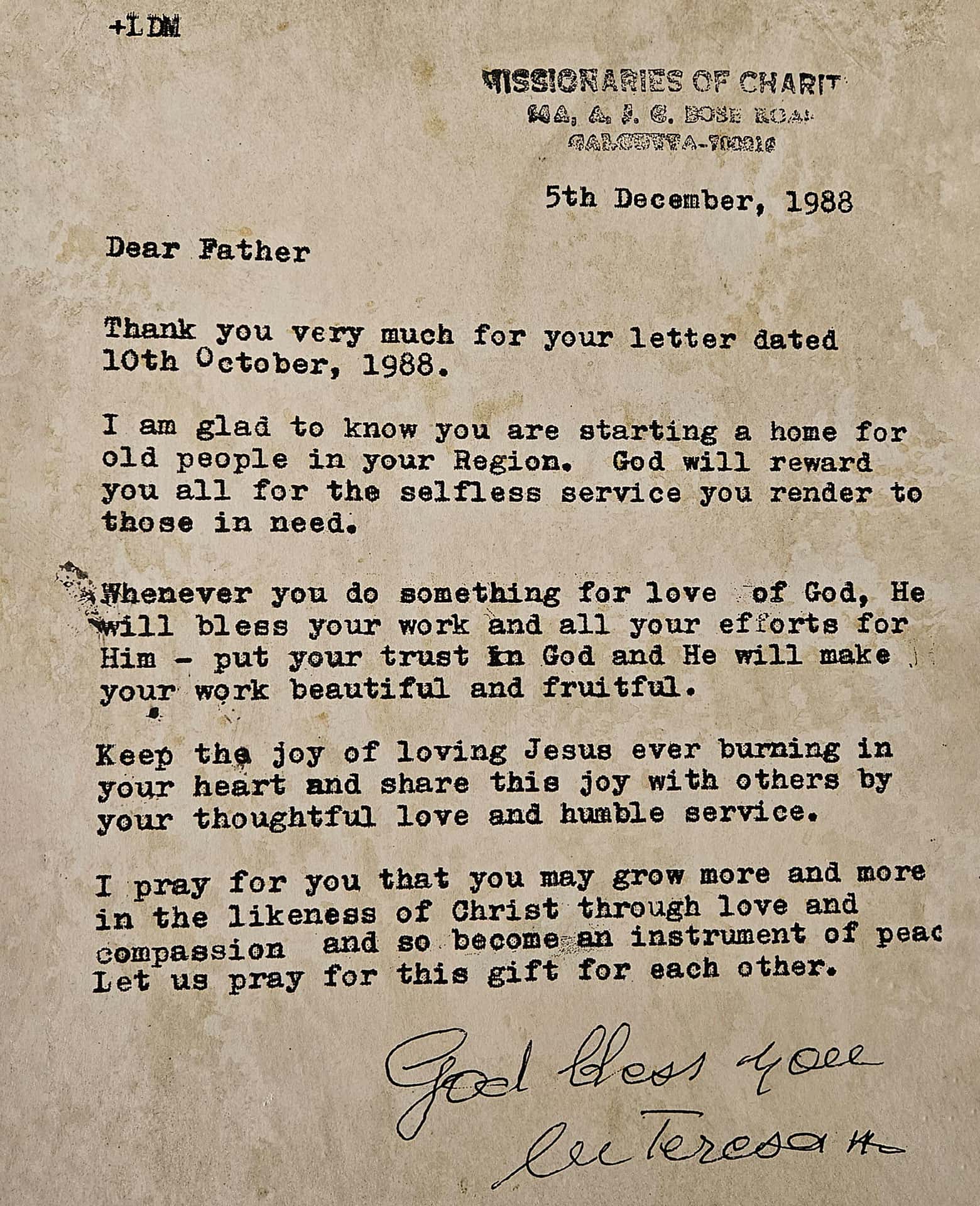 Mutter Teresa Haus Brief Geschichte